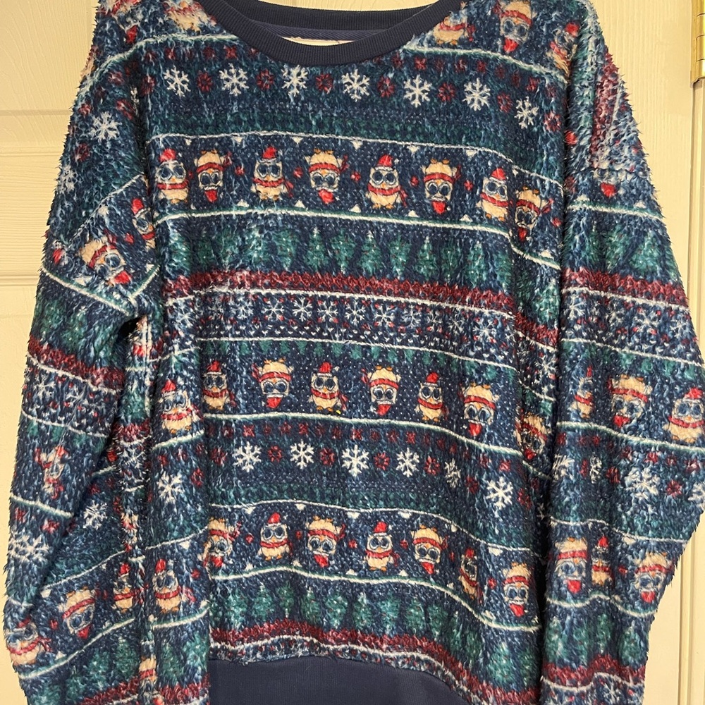 Christmas owl No Boundaries Blue Festive Crewneck Sweater